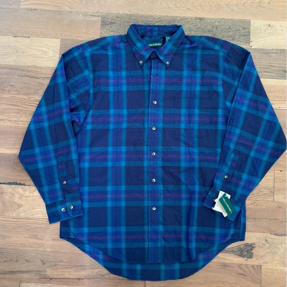 Hill & Archer Vintage Plaid Blue Button Up Long Sleeve Shirt Size Large